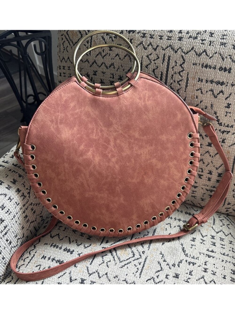Anthropologie Marla Purse Bag Cross Body Women Brown Round Faux Leather Brass